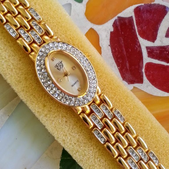 Elizabeth Taylor White Diamonds watch oval face gold tone crystal halo NWOT main image 7